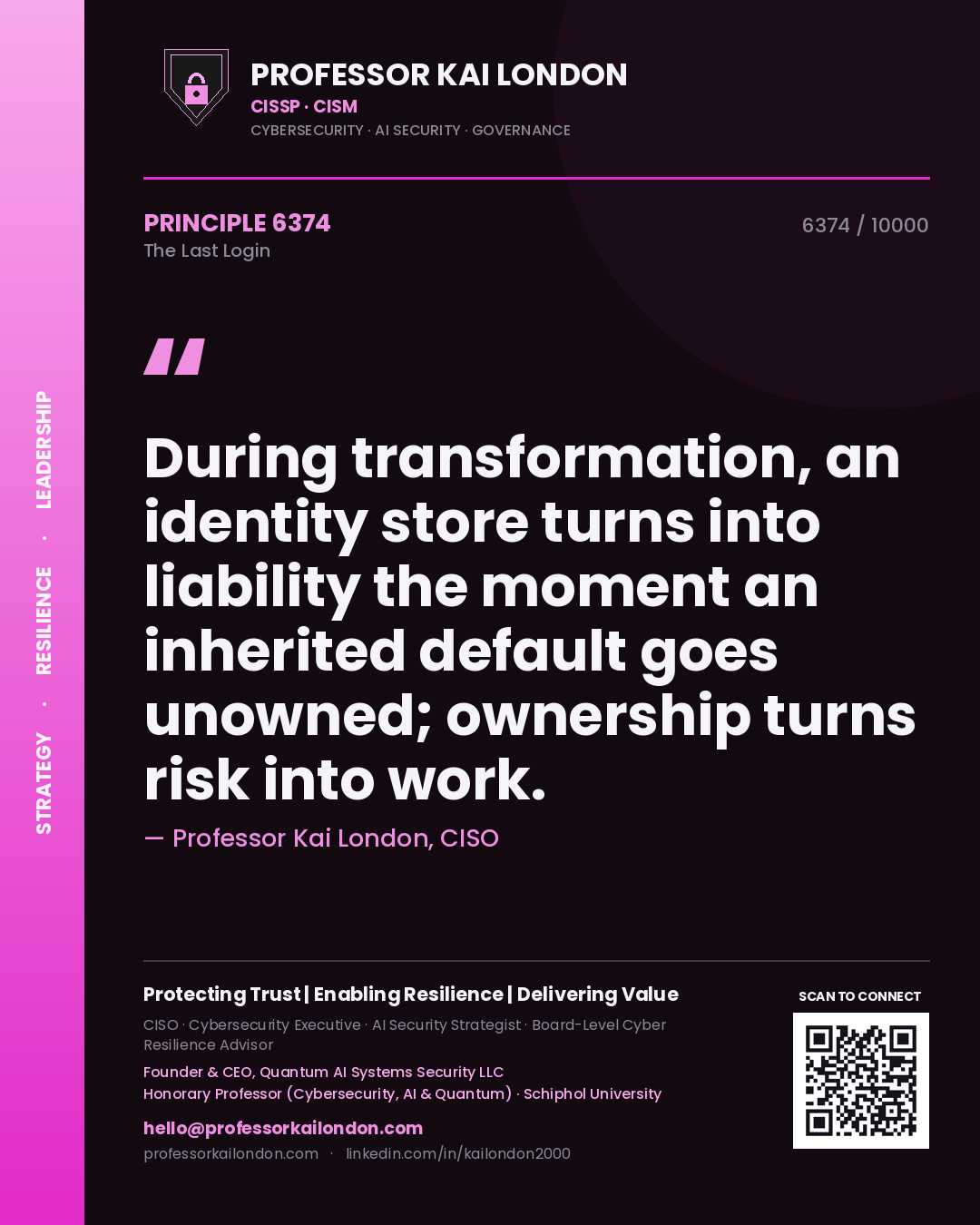 Quote card by Professor Kai London reading 'During transformation, an identity store turns into liability the moment an inherited default goes unowned; ownership turns risk into work.'. From the book The Last Login.