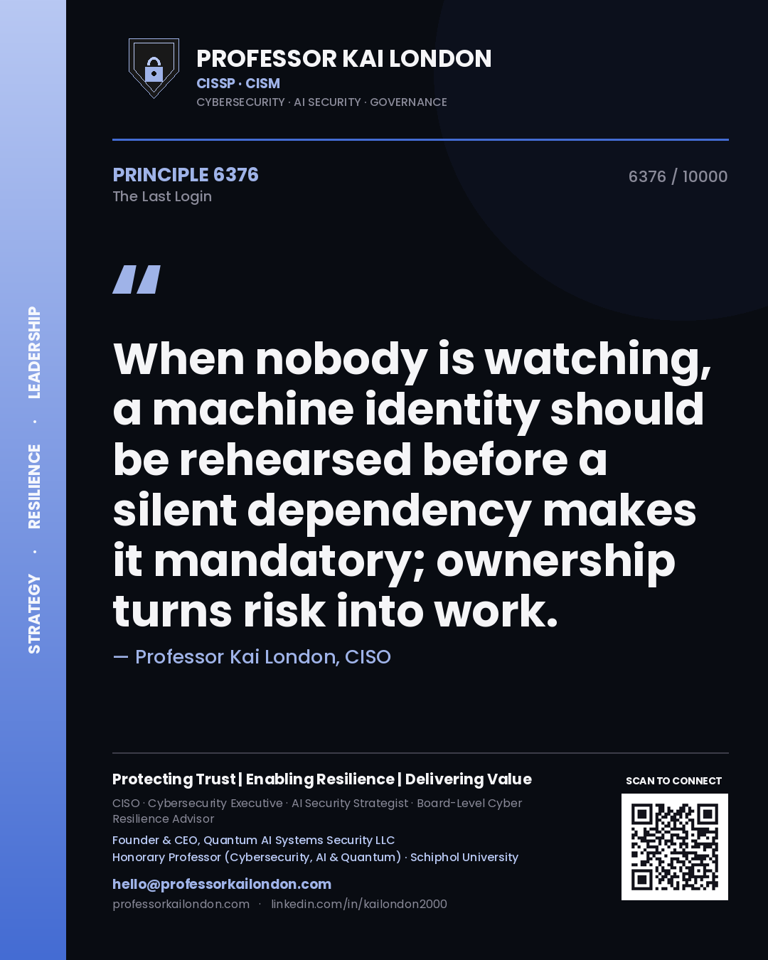 Quote card by Professor Kai London reading 'When nobody is watching, a machine identity should be rehearsed before a silent dependency makes it mandatory; ownership turns risk into work.'. From the book The Last Login.