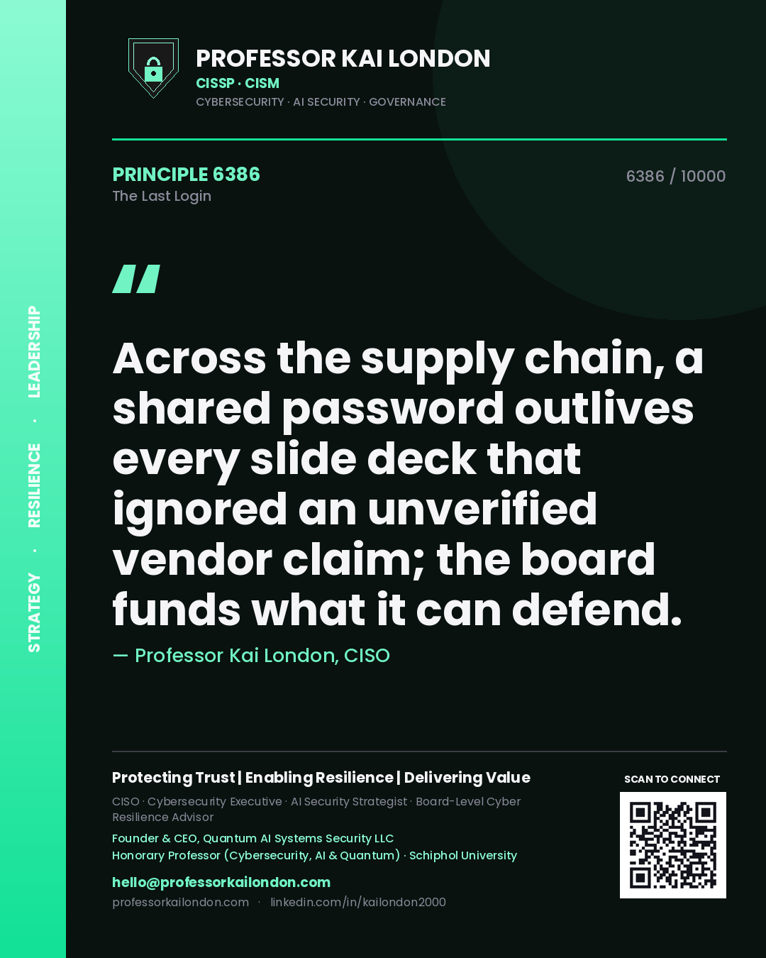 Quote card by Professor Kai London reading 'Across the supply chain, a shared password outlives every slide deck that ignored an unverified vendor claim; the board funds what it can defend.'. From the book The Last Login.