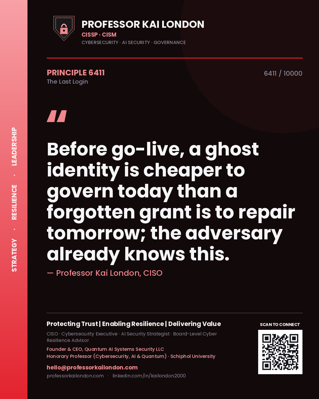 Quote card by Professor Kai London reading 'Before go-live, a ghost identity is cheaper to govern today than a forgotten grant is to repair tomorrow; the adversary already knows this.'. From the book The Last Login.