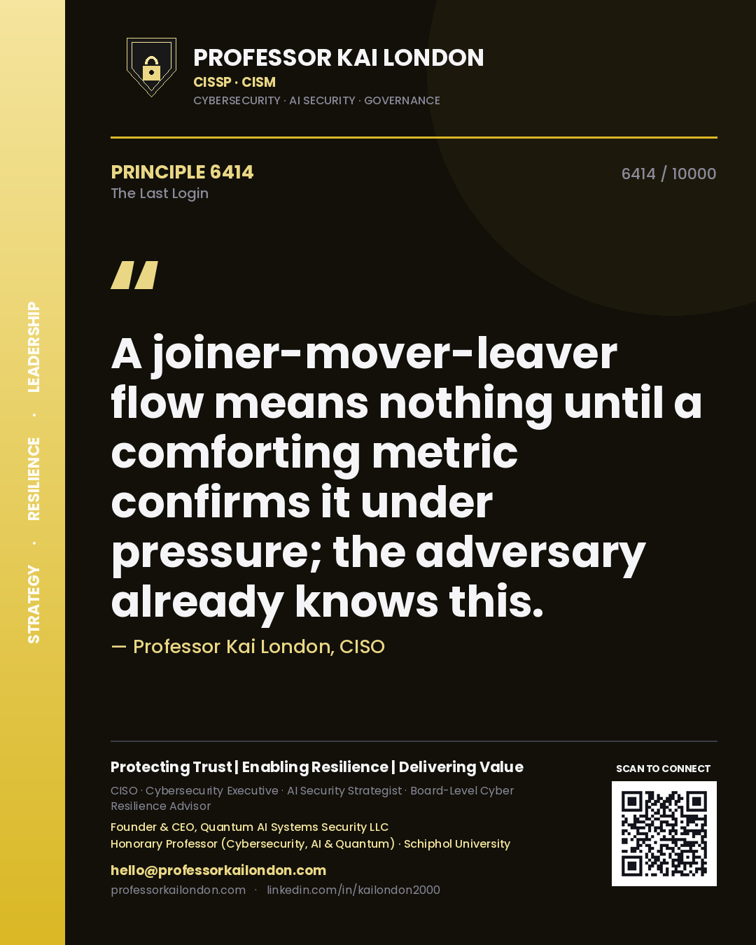 Professor Kai London principle 6414: A joiner-mover-leaver flow means nothing until a comforting metric confirms it under pressure; the adversary already knows this.