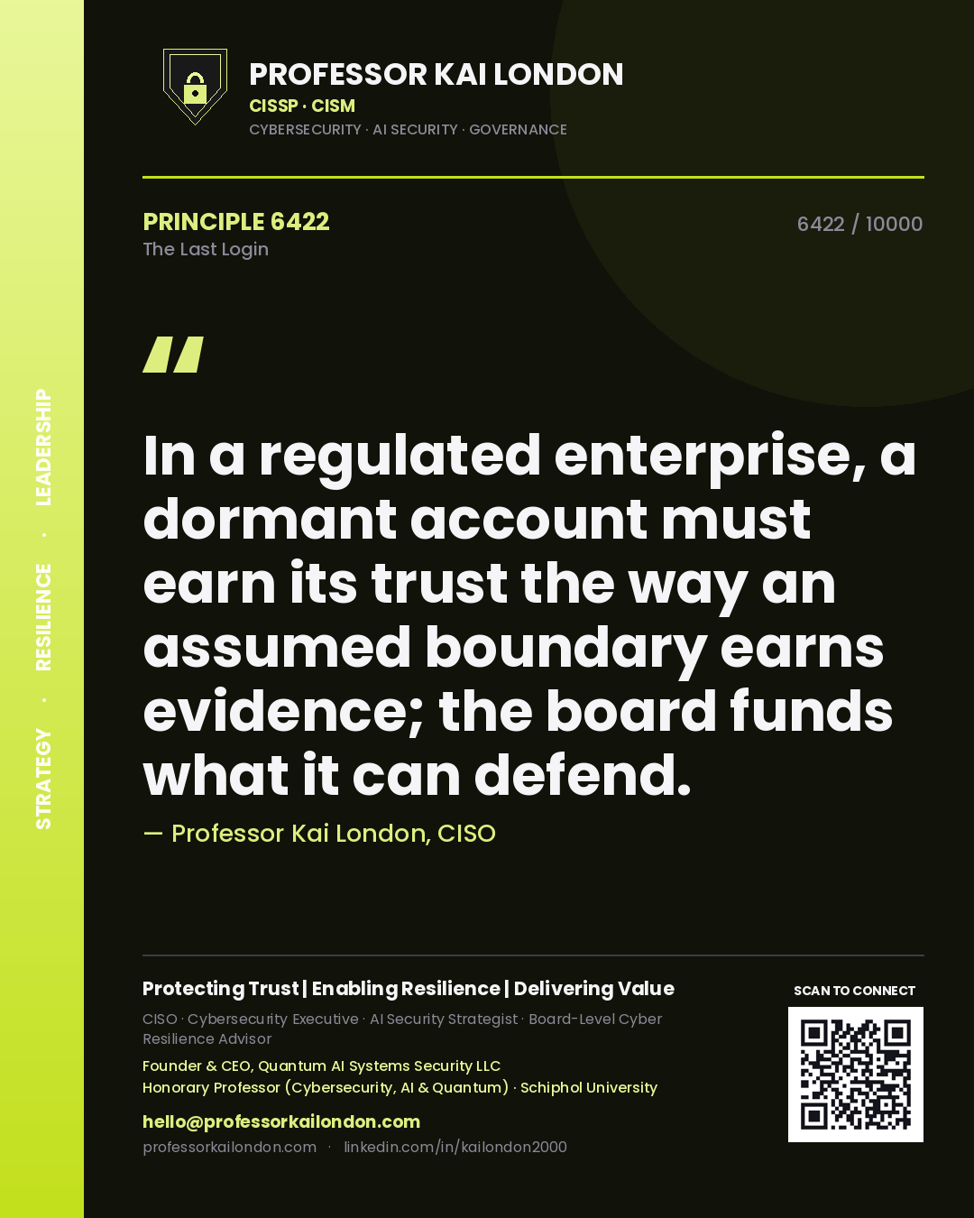 Professor Kai London principle 6422: In a regulated enterprise, a dormant account must earn its trust the way an assumed boundary earns evidence; the board funds what it can defend.