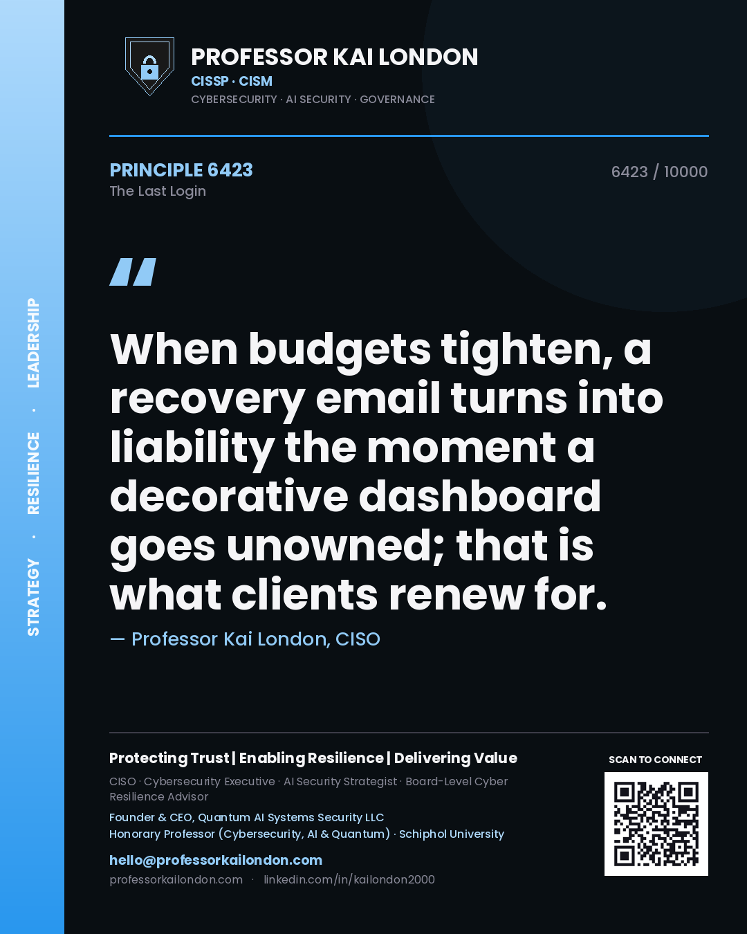 Quote card by Professor Kai London reading 'When budgets tighten, a recovery email turns into liability the moment a decorative dashboard goes unowned; that is what clients renew for.'. From the book The Last Login.