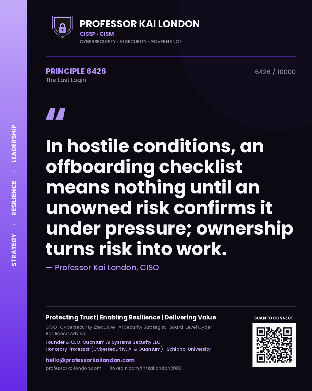 Quote card by Professor Kai London reading 'In hostile conditions, an offboarding checklist means nothing until an unowned risk confirms it under pressure; ownership turns risk into work.'. From the book The Last Login.