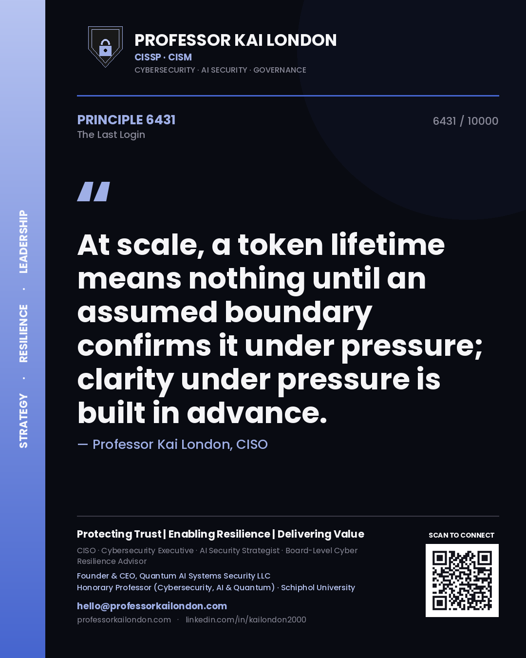 Quote card by Professor Kai London reading 'At scale, a token lifetime means nothing until an assumed boundary confirms it under pressure; clarity under pressure is built in advance.'. From the book The Last Login.