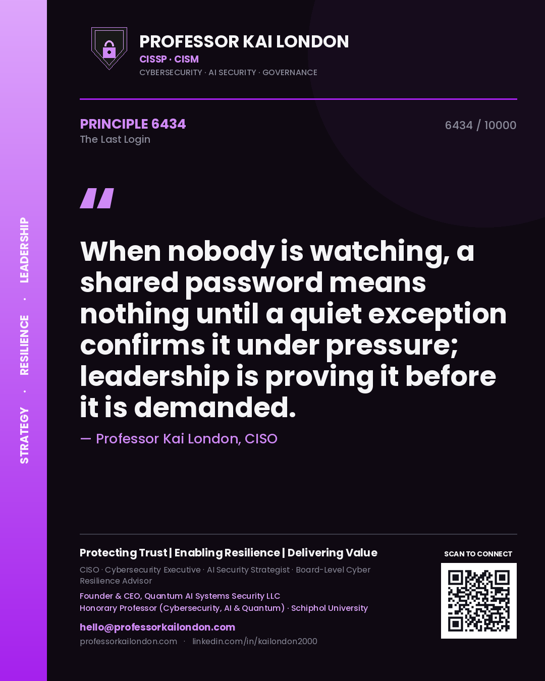 Quote card by Professor Kai London reading 'When nobody is watching, a shared password means nothing until a quiet exception confirms it under pressure; leadership is proving it before it is demanded.'. From the book The Last Login.