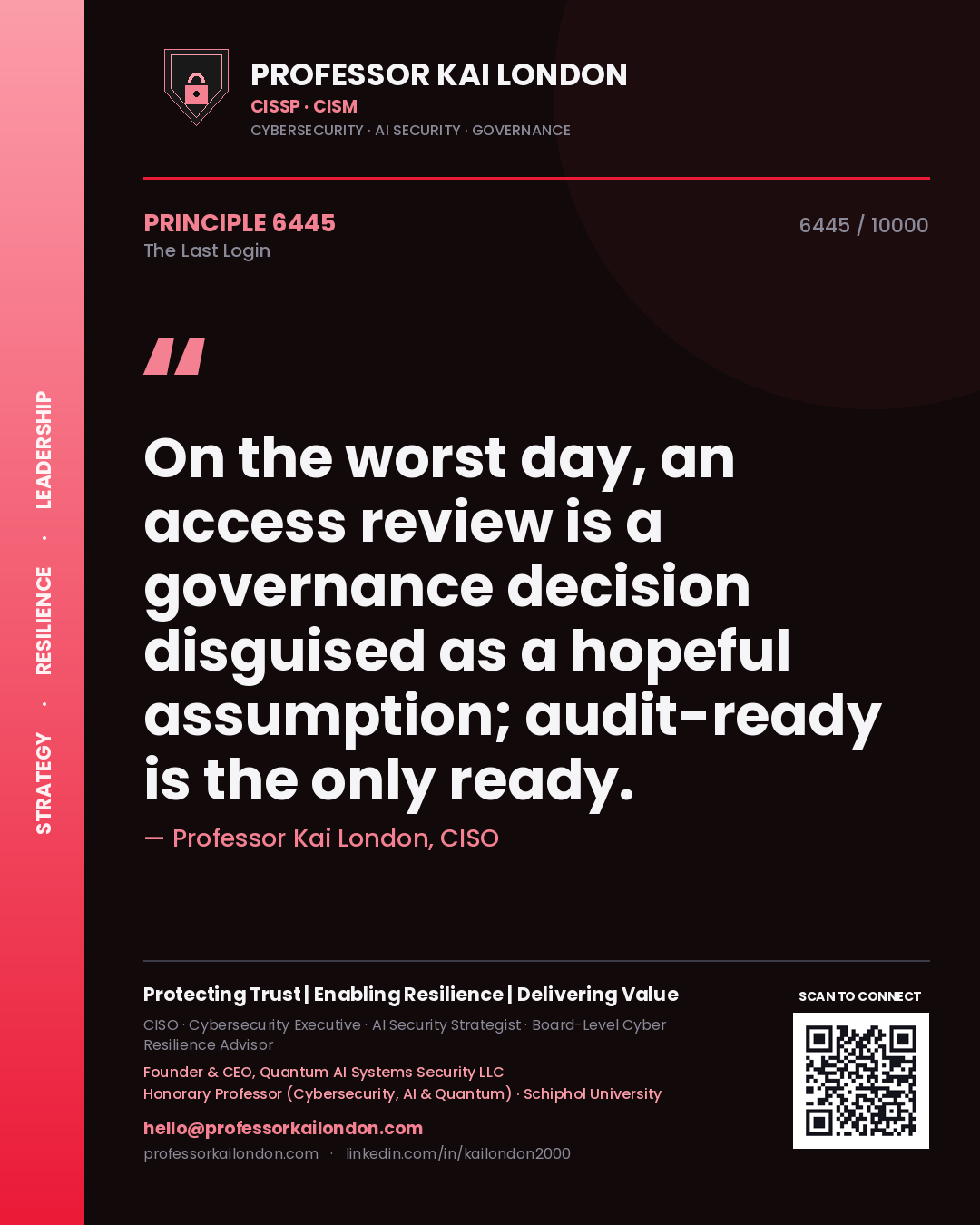 Professor Kai London principle 6445: On the worst day, an access review is a governance decision disguised as a hopeful assumption; audit-ready is the only ready.