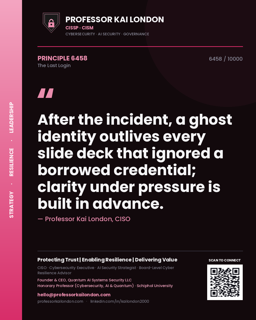 Quote card by Professor Kai London reading 'After the incident, a ghost identity outlives every slide deck that ignored a borrowed credential; clarity under pressure is built in advance.'. From the book The Last Login.