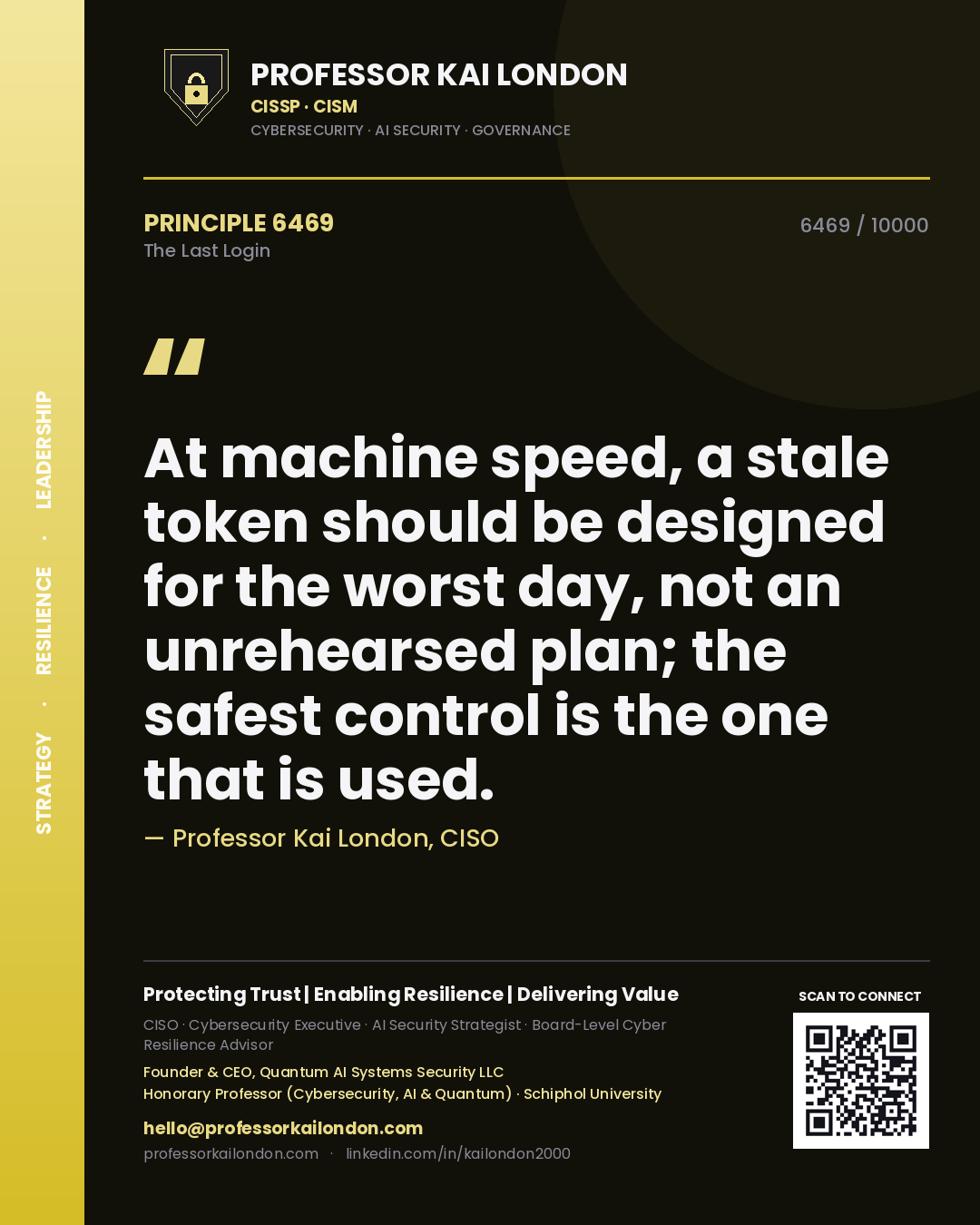 Quote card by Professor Kai London reading 'At machine speed, a stale token should be designed for the worst day, not an unrehearsed plan; the safest control is the one that is used.'. From the book The Last Login.