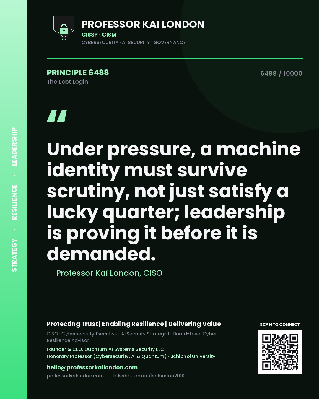Quote card by Professor Kai London reading 'Under pressure, a machine identity must survive scrutiny, not just satisfy a lucky quarter; leadership is proving it before it is demanded.'. From the book The Last Login.