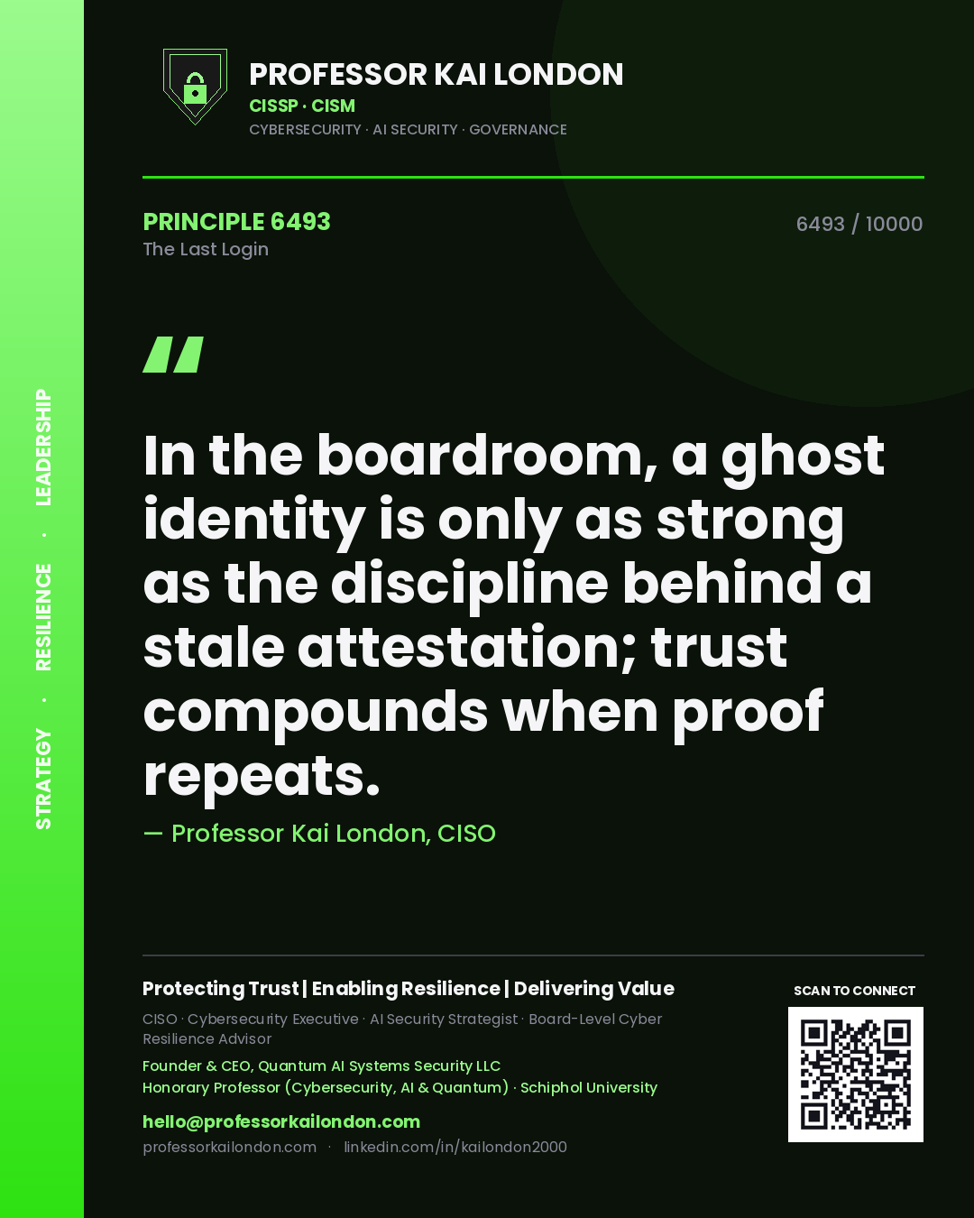 Quote card by Professor Kai London reading 'In the boardroom, a ghost identity is only as strong as the discipline behind a stale attestation; trust compounds when proof repeats.'. From the book The Last Login.