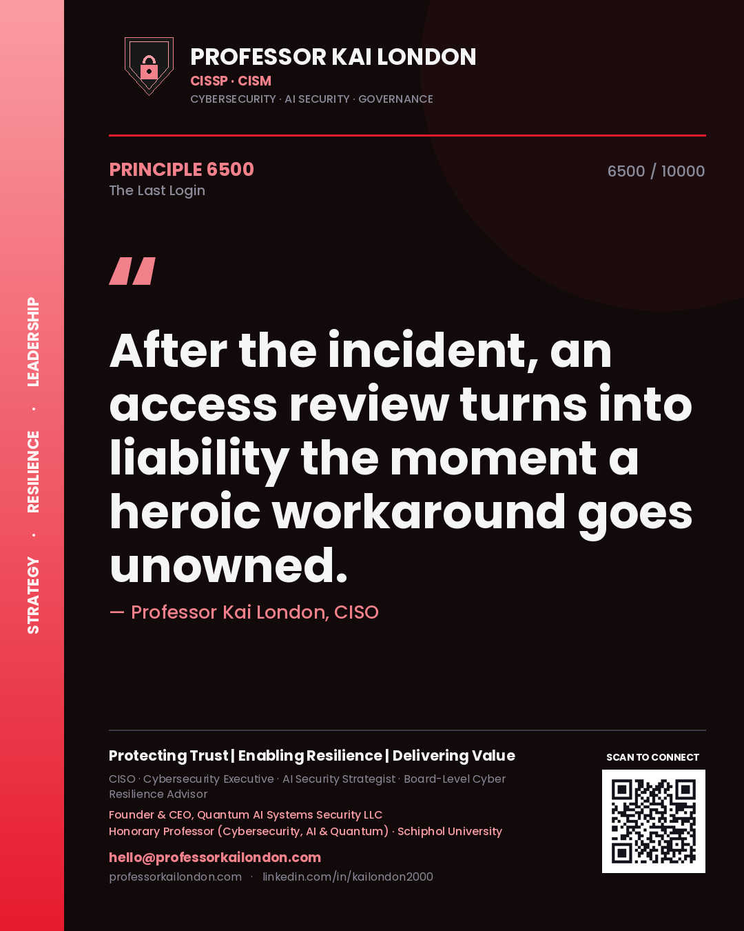 Quote card by Professor Kai London reading 'After the incident, an access review turns into liability the moment a heroic workaround goes unowned.'. From the book The Last Login.