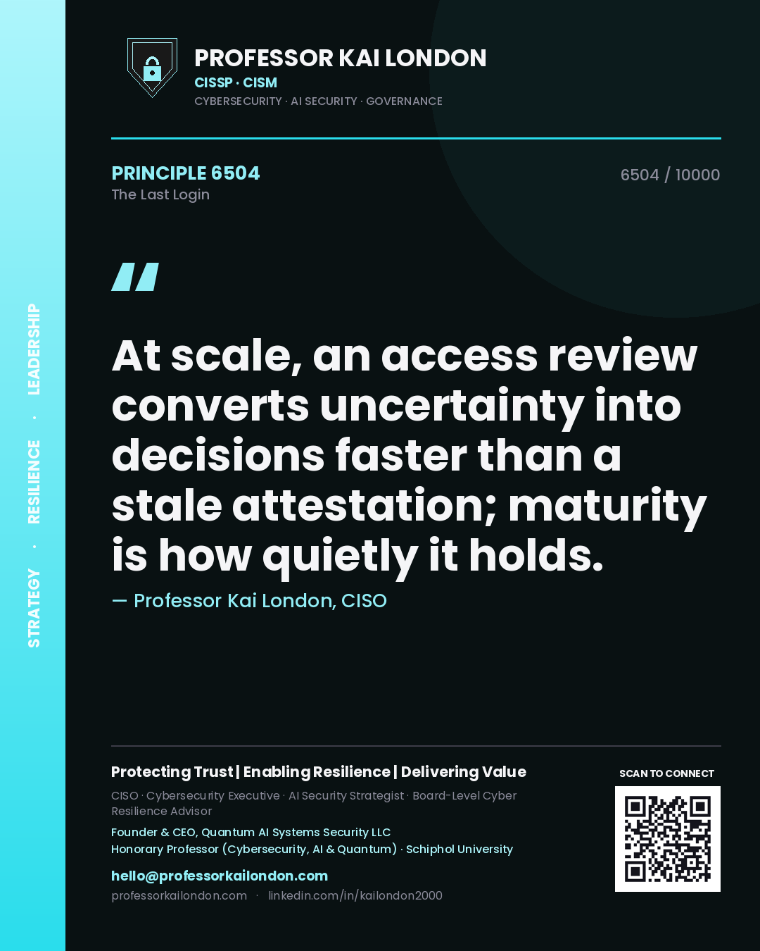 Professor Kai London principle 6504: At scale, an access review converts uncertainty into decisions faster than a stale attestation; maturity is how quietly it holds.