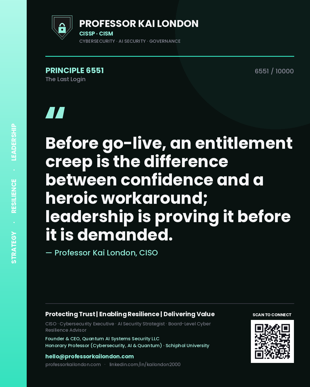 Quote card by Professor Kai London reading 'Before go-live, an entitlement creep is the difference between confidence and a heroic workaround; leadership is proving it before it is demanded.'. From the book The Last Login.