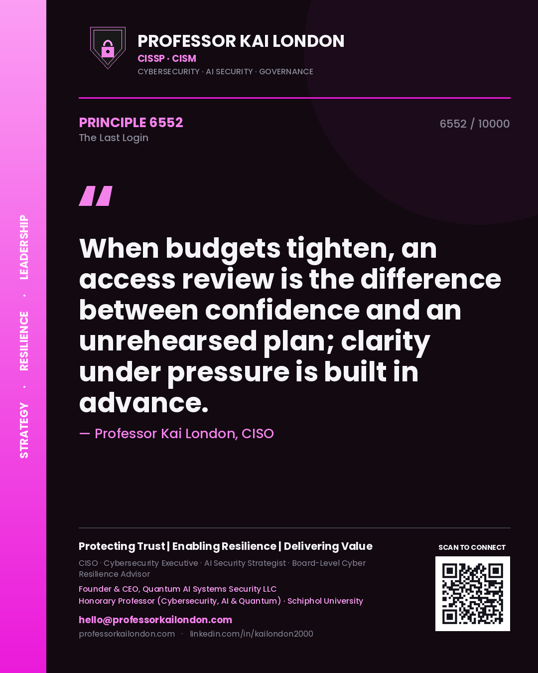 Quote card by Professor Kai London reading 'When budgets tighten, an access review is the difference between confidence and an unrehearsed plan; clarity under pressure is built in advance.'. From the book The Last Login.