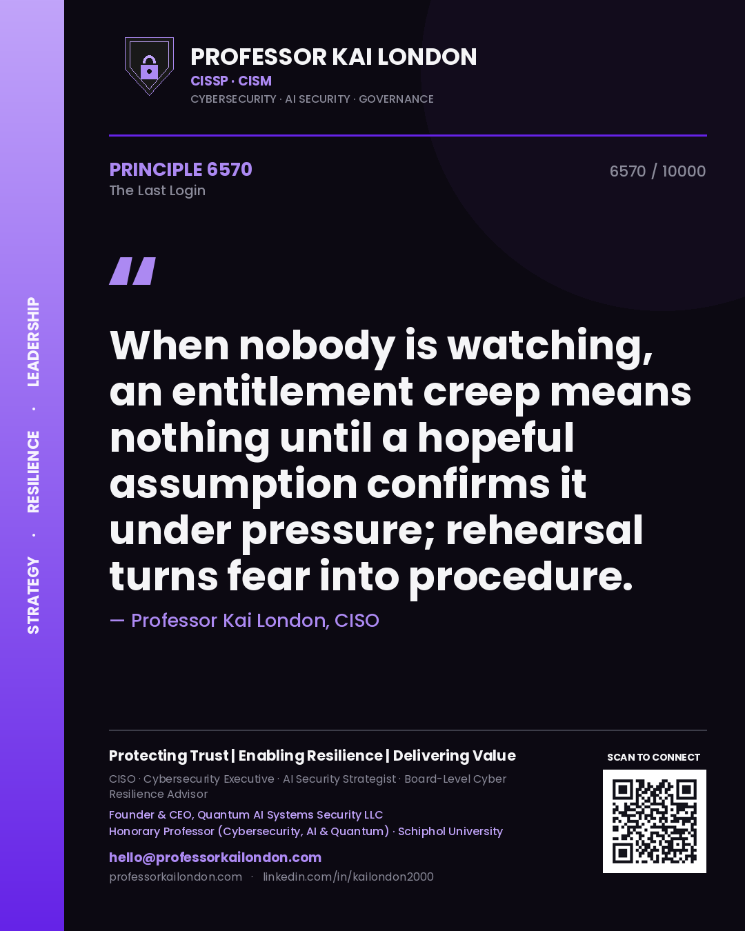 Quote card by Professor Kai London reading 'When nobody is watching, an entitlement creep means nothing until a hopeful assumption confirms it under pressure; rehearsal turns fear into procedure.'. From the book The Last Login.