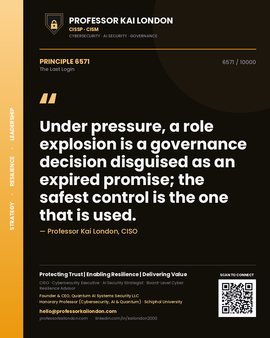 Quote card by Professor Kai London reading 'Under pressure, a role explosion is a governance decision disguised as an expired promise; the safest control is the one that is used.'. From the book The Last Login.