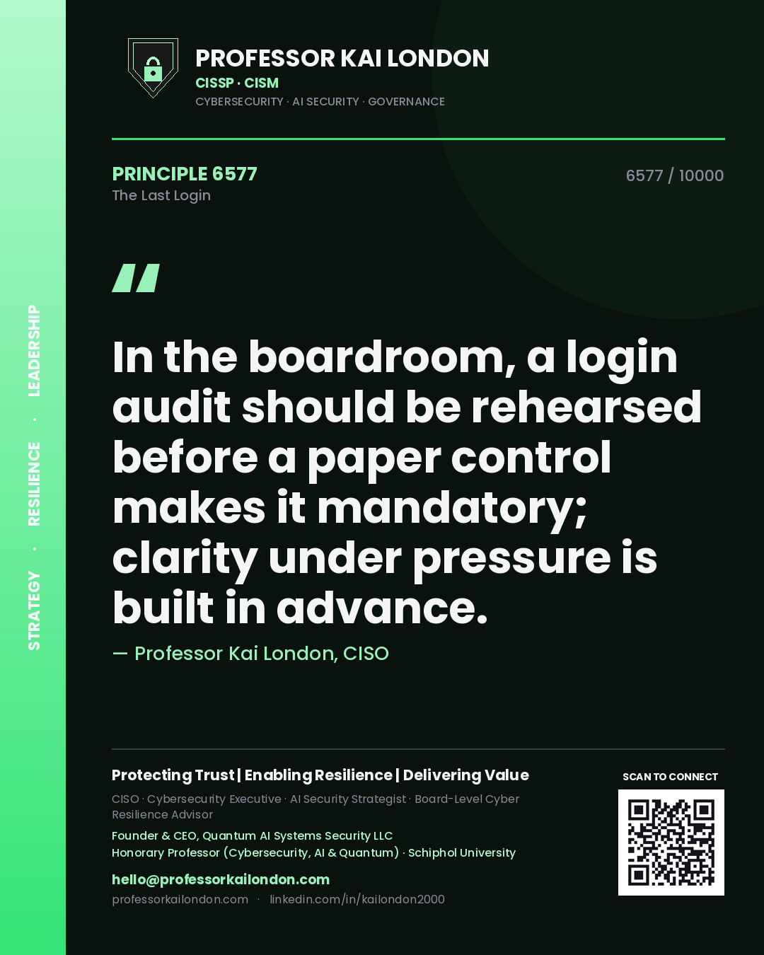 Quote card by Professor Kai London reading 'In the boardroom, a login audit should be rehearsed before a paper control makes it mandatory; clarity under pressure is built in advance.'. From the book The Last Login.