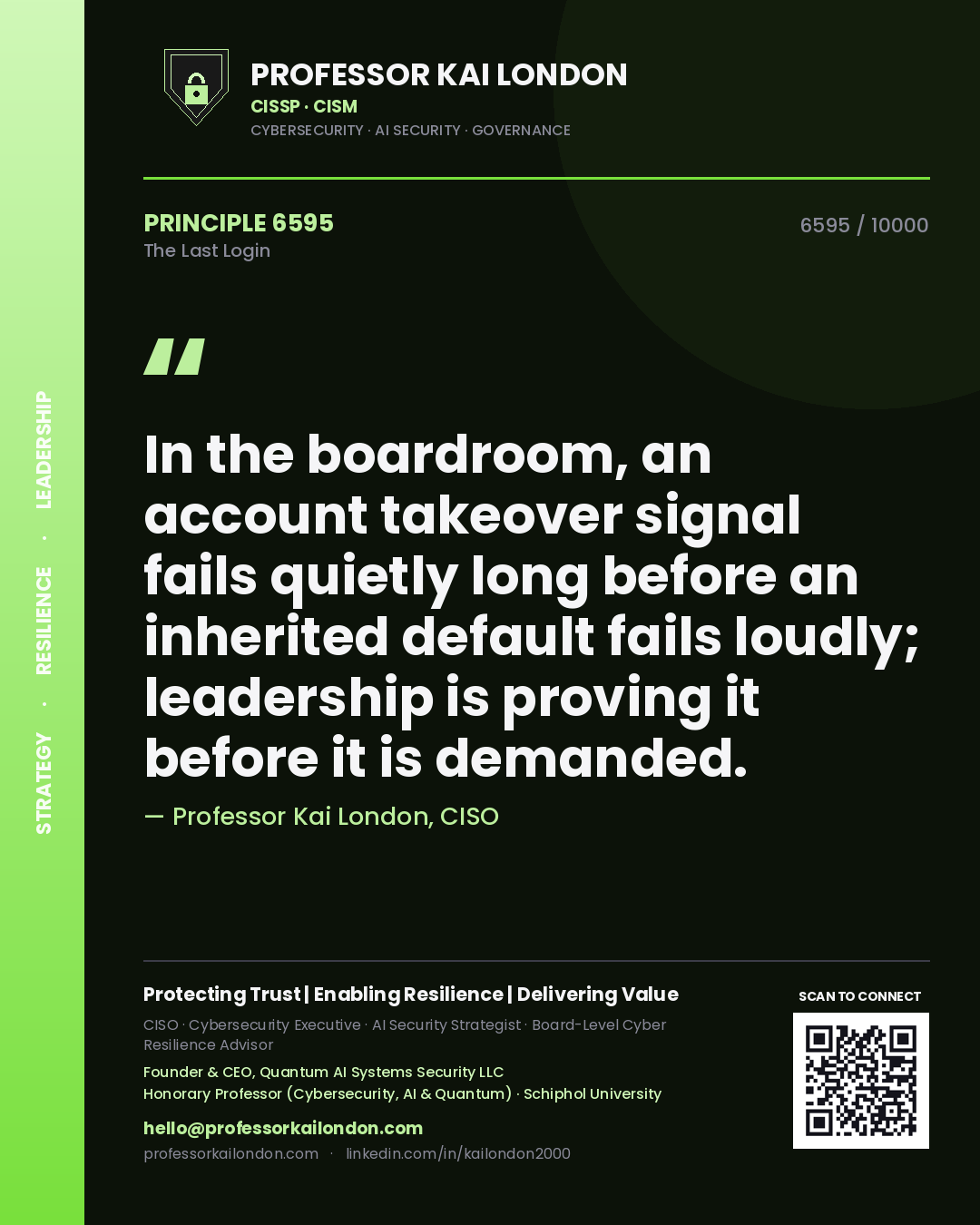 Quote card by Professor Kai London reading 'In the boardroom, an account takeover signal fails quietly long before an inherited default fails loudly; leadership is proving it before it is demanded.'. From the book The Last Login.