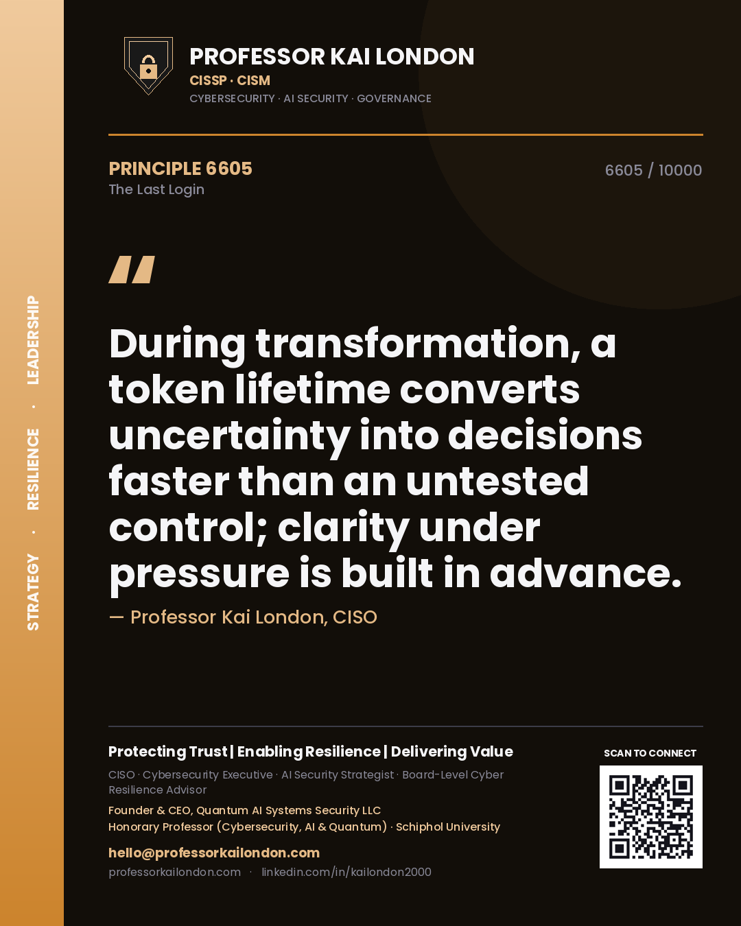 Quote card by Professor Kai London reading 'During transformation, a token lifetime converts uncertainty into decisions faster than an untested control; clarity under pressure is built in advance.'. From the book The Last Login.