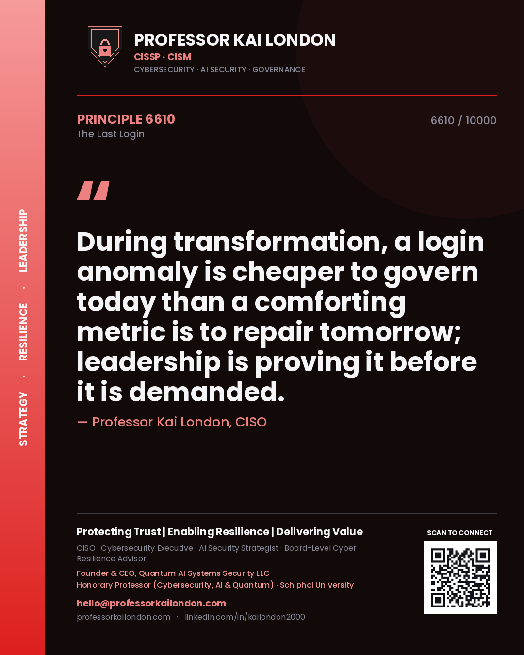Professor Kai London principle 6610: During transformation, a login anomaly is cheaper to govern today than a comforting metric is to repair tomorrow; leadership is proving it before it is demanded.