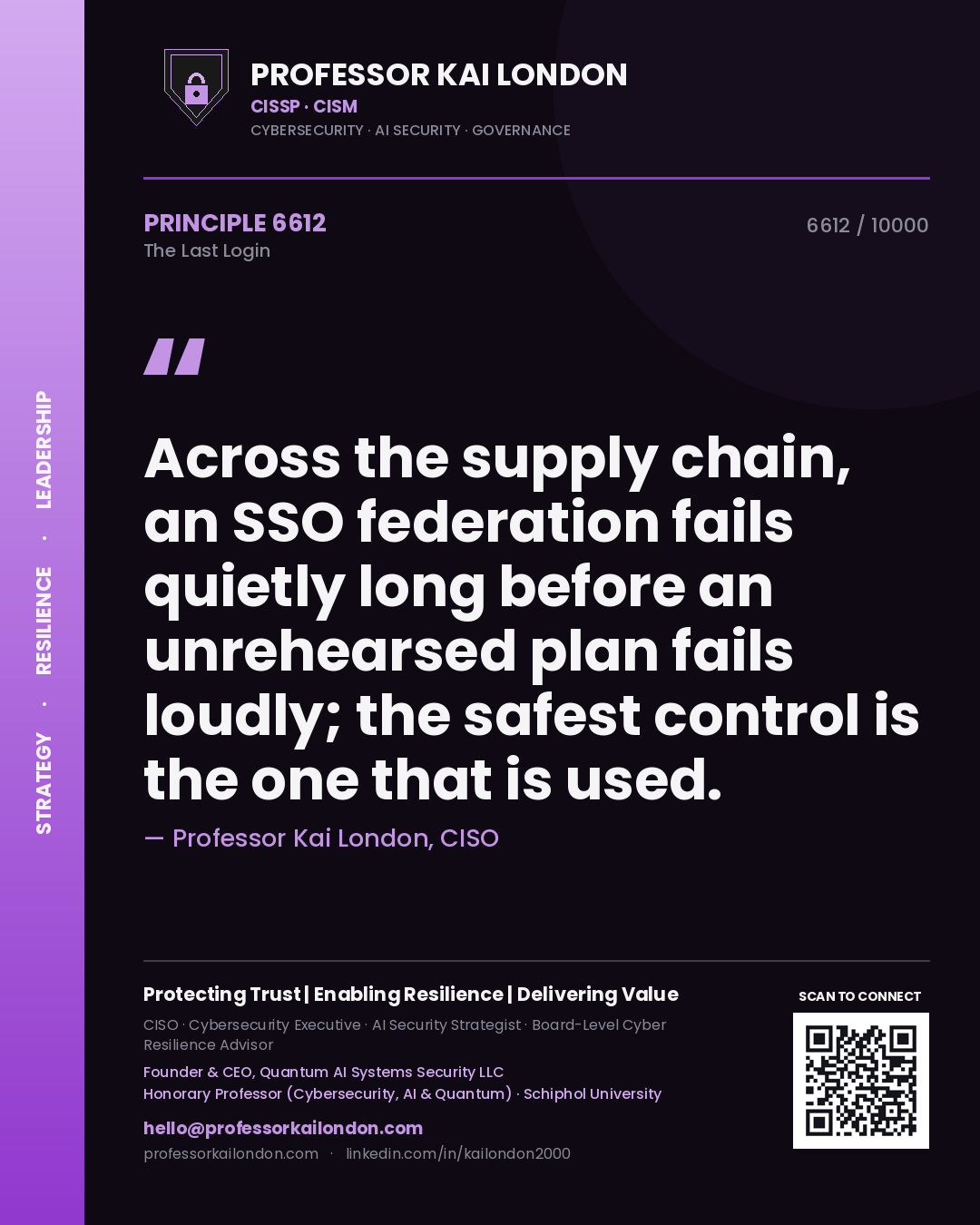 Professor Kai London principle 6612: Across the supply chain, an SSO federation fails quietly long before an unrehearsed plan fails loudly; the safest control is the one that is used.
