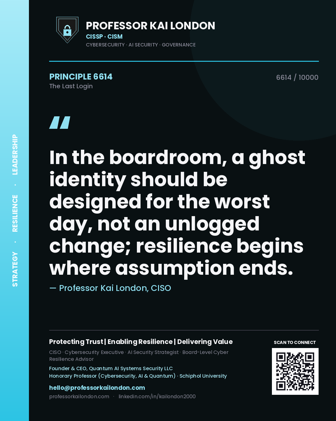 Quote card by Professor Kai London reading 'In the boardroom, a ghost identity should be designed for the worst day, not an unlogged change; resilience begins where assumption ends.'. From the book The Last Login.