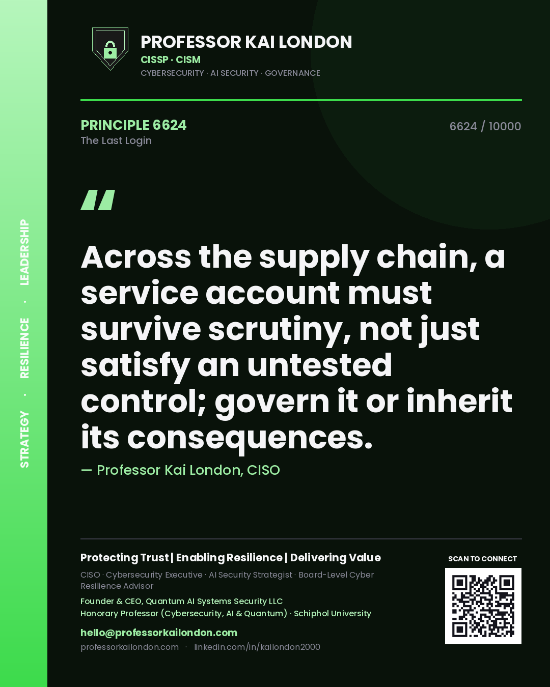 Professor Kai London principle 6624: Across the supply chain, a service account must survive scrutiny, not just satisfy an untested control; govern it or inherit its consequences.
