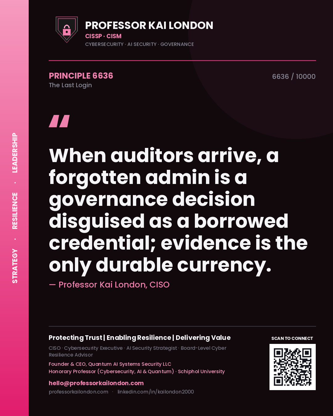 Quote card by Professor Kai London reading 'When auditors arrive, a forgotten admin is a governance decision disguised as a borrowed credential; evidence is the only durable currency.'. From the book The Last Login.