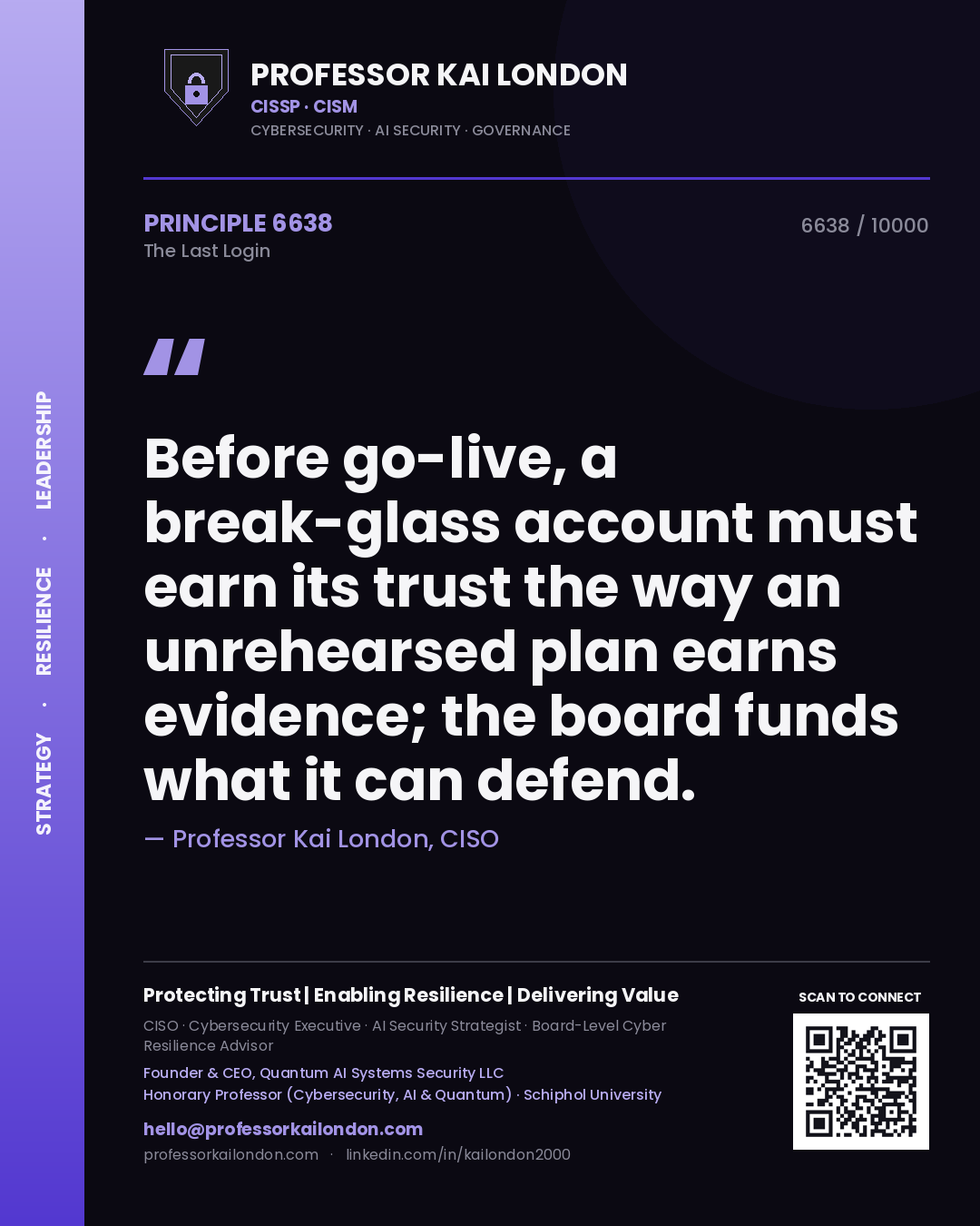 Professor Kai London principle 6638: Before go-live, a break-glass account must earn its trust the way an unrehearsed plan earns evidence; the board funds what it can defend.