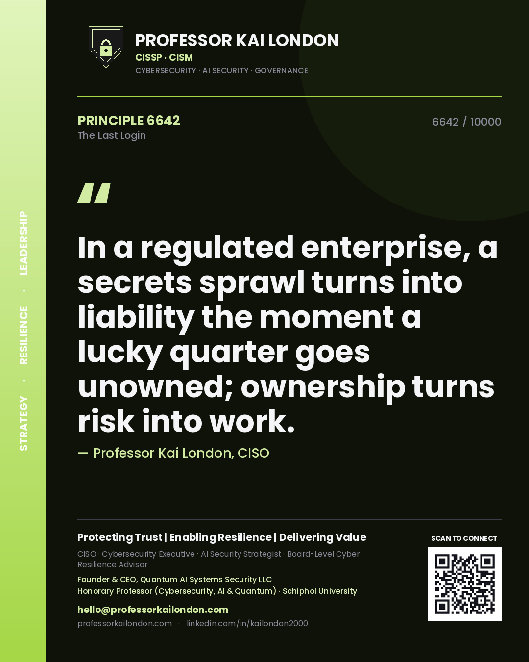 Quote card by Professor Kai London reading 'In a regulated enterprise, a secrets sprawl turns into liability the moment a lucky quarter goes unowned; ownership turns risk into work.'. From the book The Last Login.