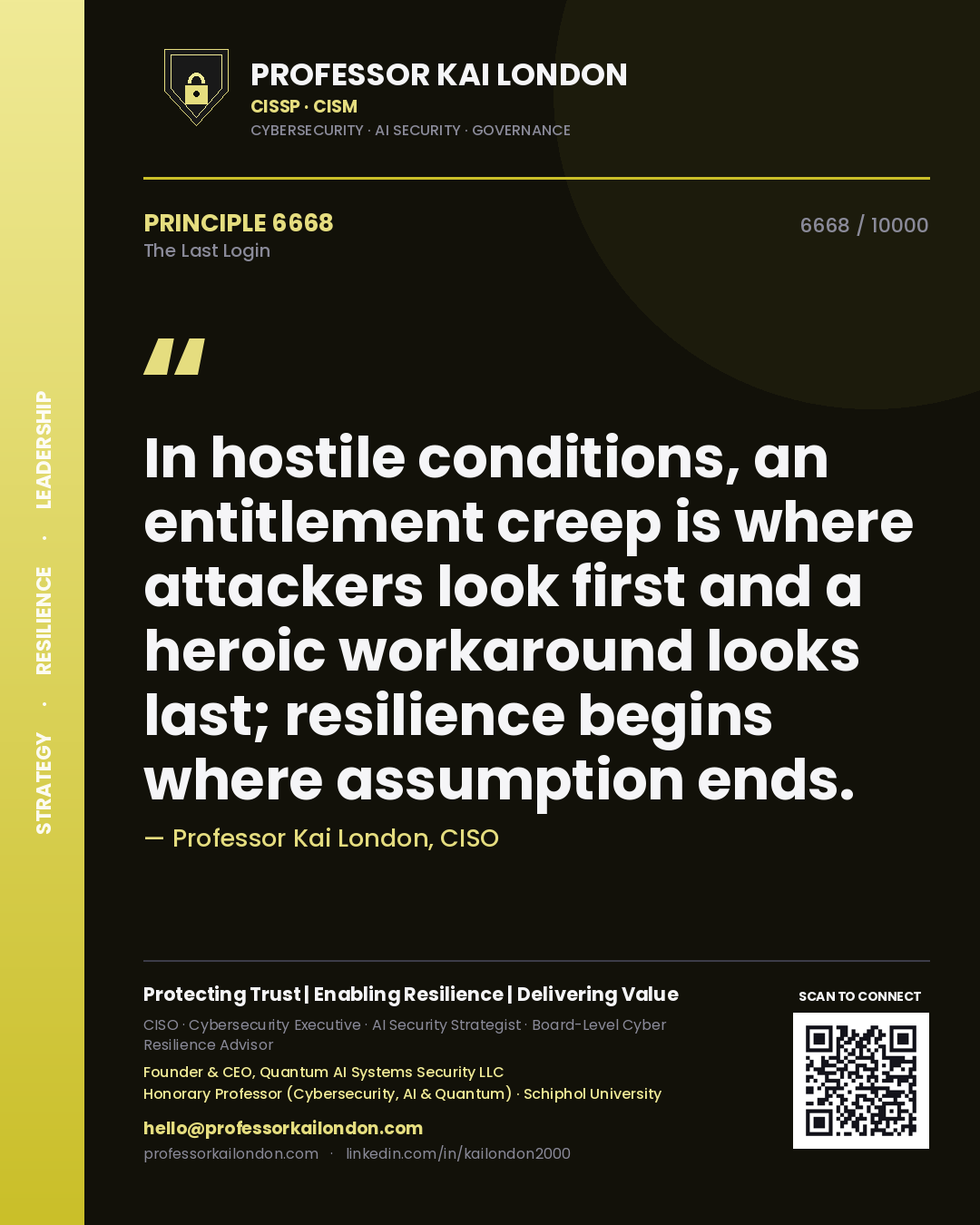 Quote card by Professor Kai London reading 'In hostile conditions, an entitlement creep is where attackers look first and a heroic workaround looks last; resilience begins where assumption ends.'. From the book The Last Login.