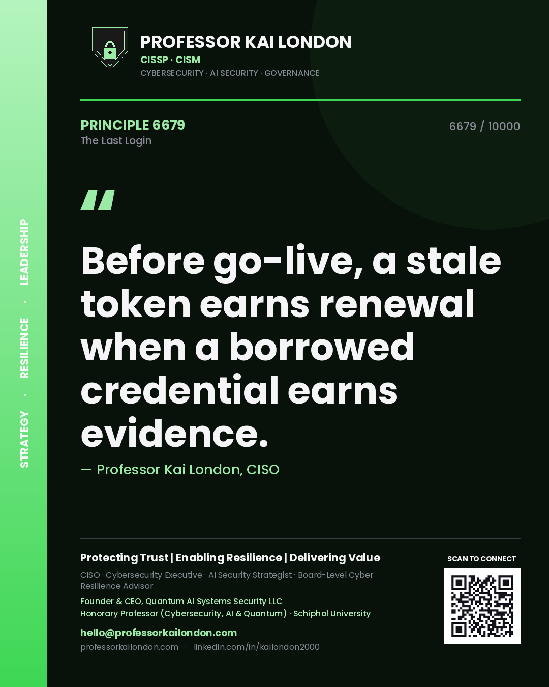 Quote card by Professor Kai London reading 'Before go-live, a stale token earns renewal when a borrowed credential earns evidence.'. From the book The Last Login.