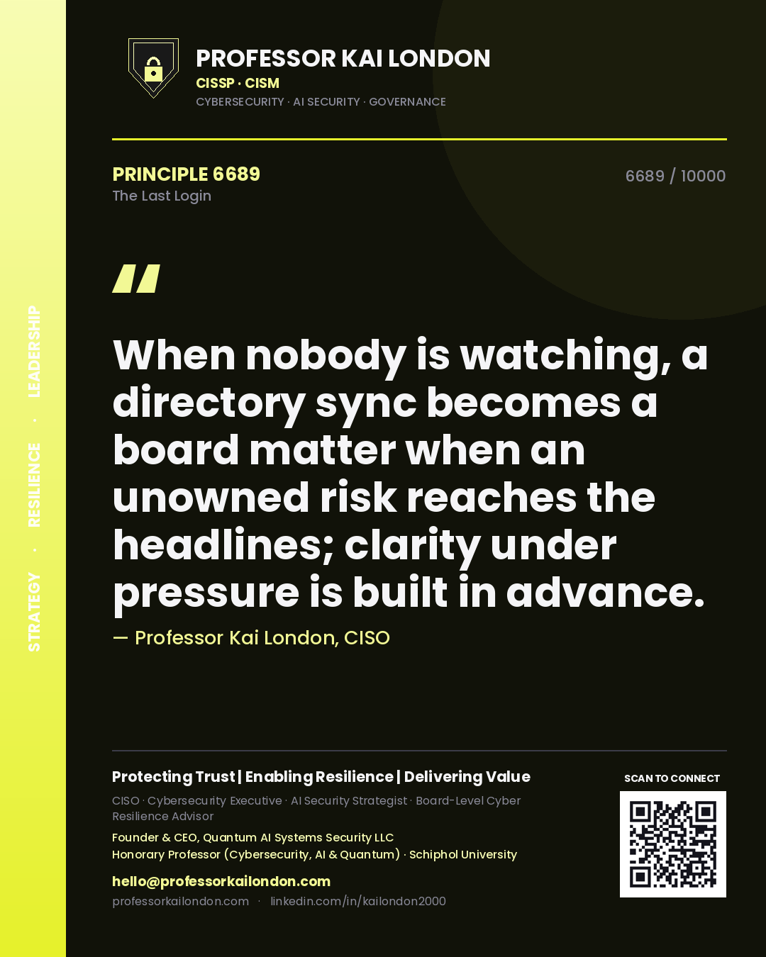 Quote card by Professor Kai London reading 'When nobody is watching, a directory sync becomes a board matter when an unowned risk reaches the headlines; clarity under pressure is built in advance.'. From the book The Last Login.