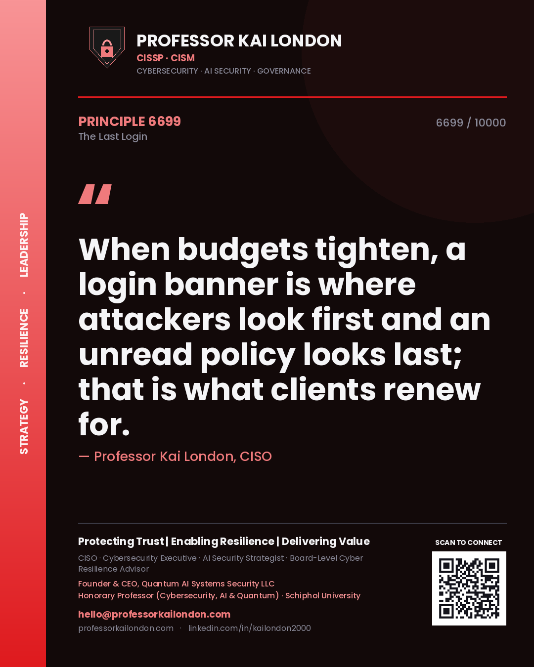 Professor Kai London principle 6699: When budgets tighten, a login banner is where attackers look first and an unread policy looks last; that is what clients renew for.