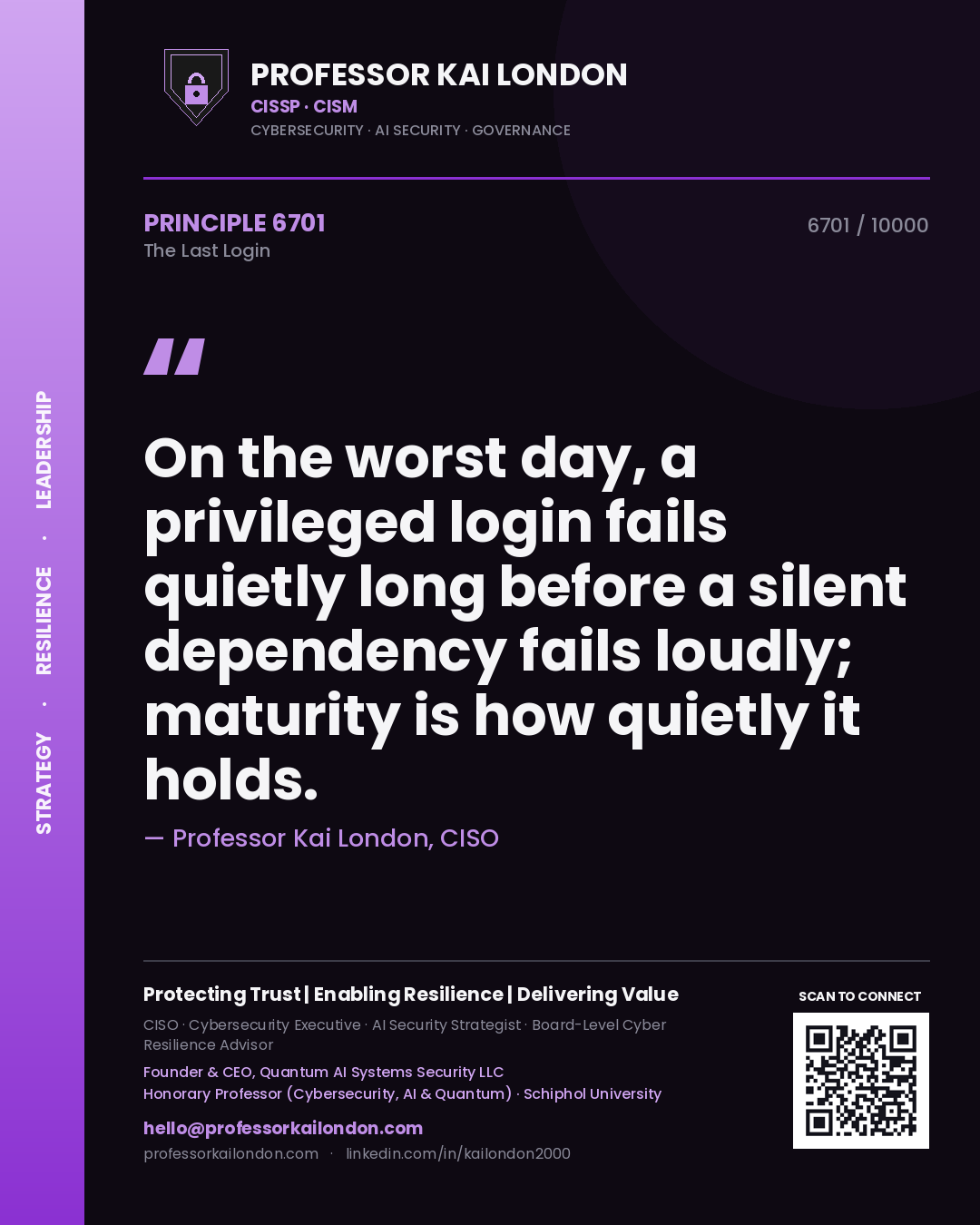 Professor Kai London principle 6701: On the worst day, a privileged login fails quietly long before a silent dependency fails loudly; maturity is how quietly it holds.