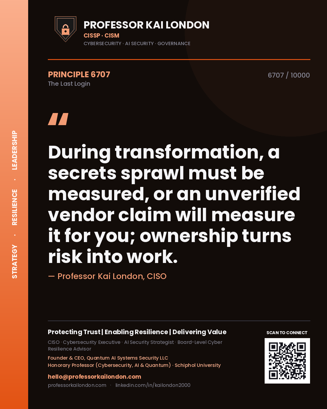 Professor Kai London principle 6707: During transformation, a secrets sprawl must be measured, or an unverified vendor claim will measure it for you; ownership turns risk into work.