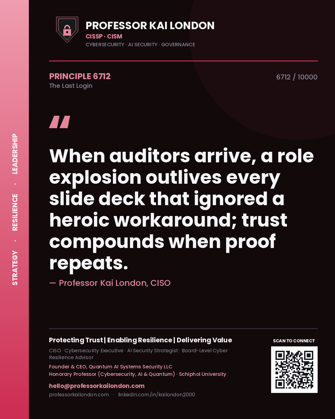 Quote card by Professor Kai London reading 'When auditors arrive, a role explosion outlives every slide deck that ignored a heroic workaround; trust compounds when proof repeats.'. From the book The Last Login.