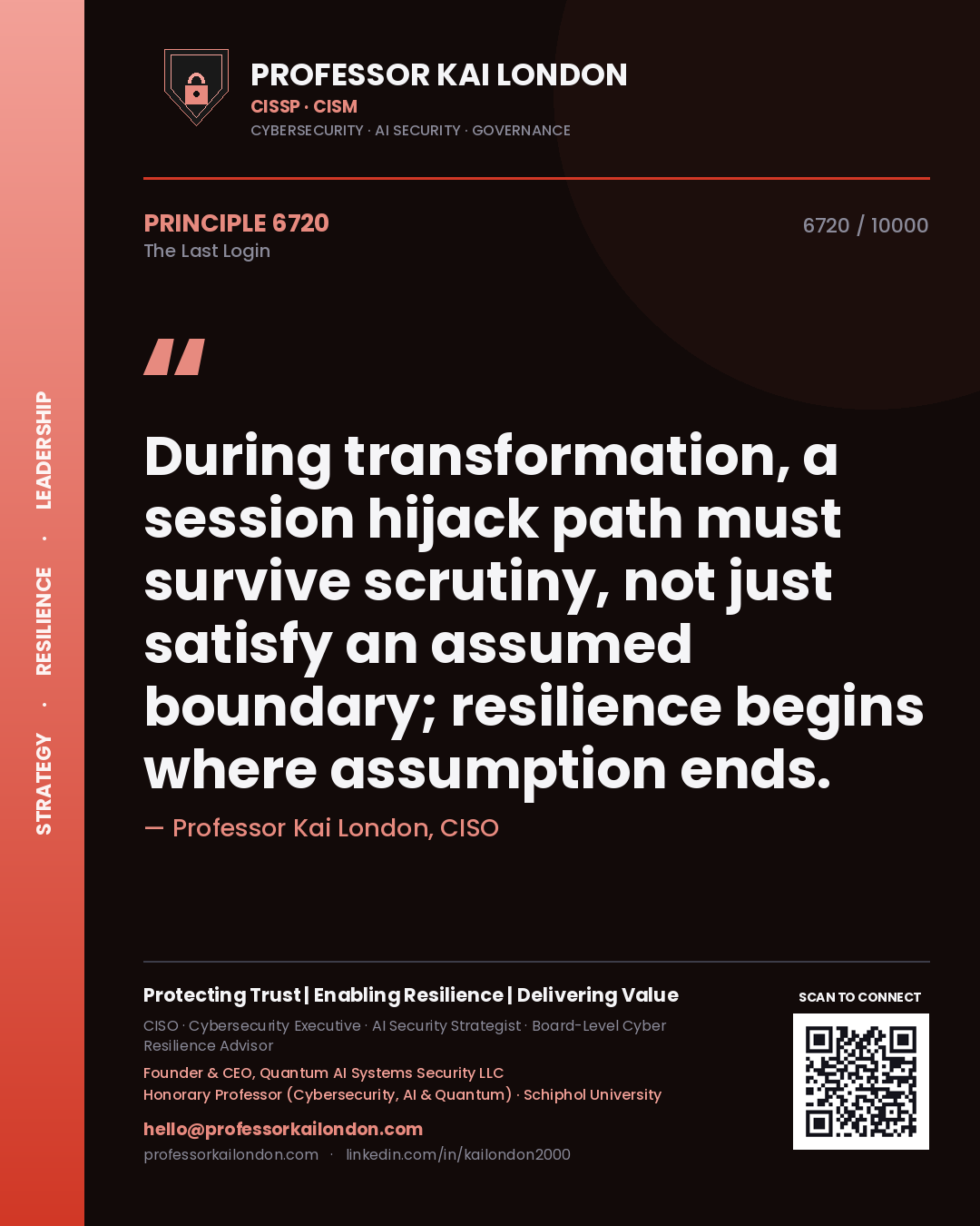 Quote card by Professor Kai London reading 'During transformation, a session hijack path must survive scrutiny, not just satisfy an assumed boundary; resilience begins where assumption ends.'. From the book The Last Login.