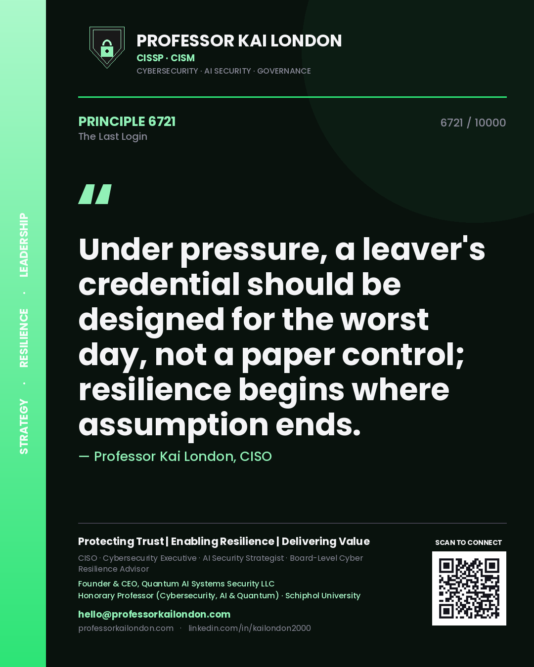 Quote card by Professor Kai London reading 'Under pressure, a leaver's credential should be designed for the worst day, not a paper control; resilience begins where assumption ends.'. From the book The Last Login.