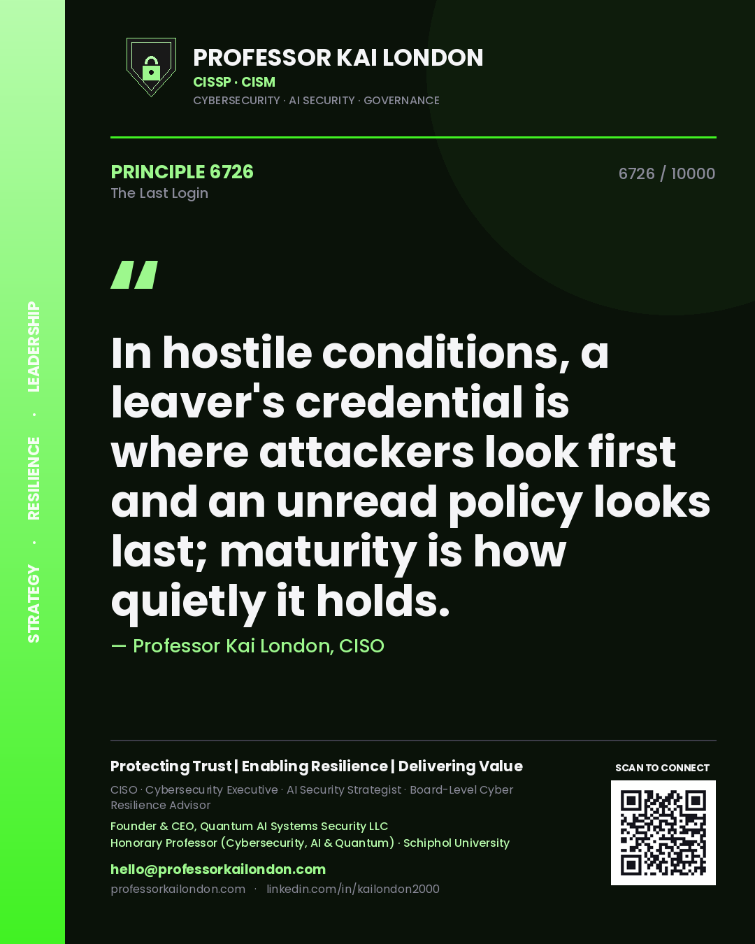 Professor Kai London principle 6726: In hostile conditions, a leaver's credential is where attackers look first and an unread policy looks last; maturity is how quietly it holds.