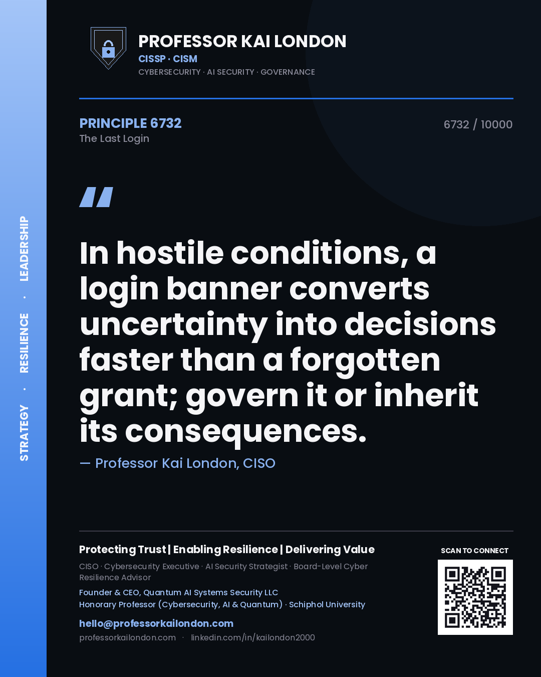 Quote card by Professor Kai London reading 'In hostile conditions, a login banner converts uncertainty into decisions faster than a forgotten grant; govern it or inherit its consequences.'. From the book The Last Login.