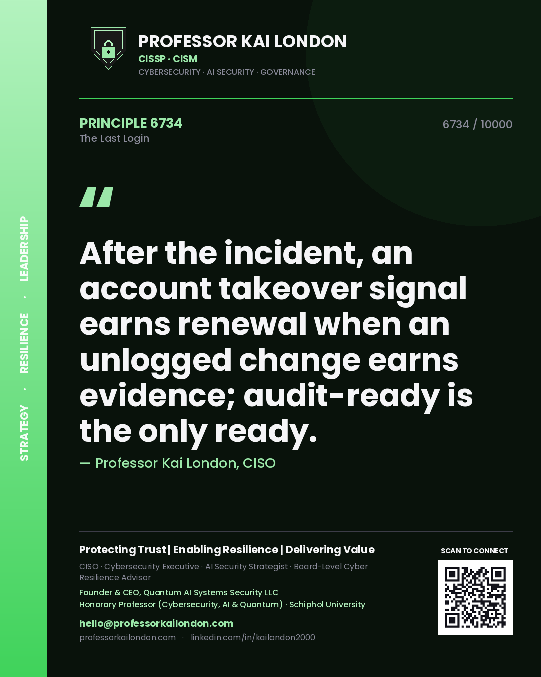 Quote card by Professor Kai London reading 'After the incident, an account takeover signal earns renewal when an unlogged change earns evidence; audit-ready is the only ready.'. From the book The Last Login.