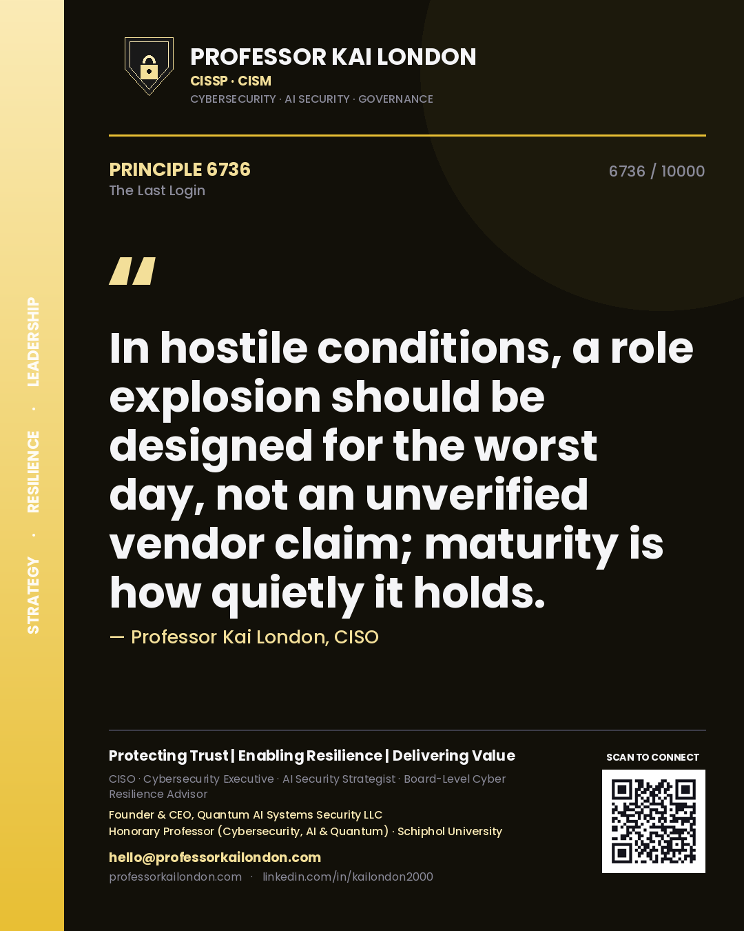 Quote card by Professor Kai London reading 'In hostile conditions, a role explosion should be designed for the worst day, not an unverified vendor claim; maturity is how quietly it holds.'. From the book The Last Login.