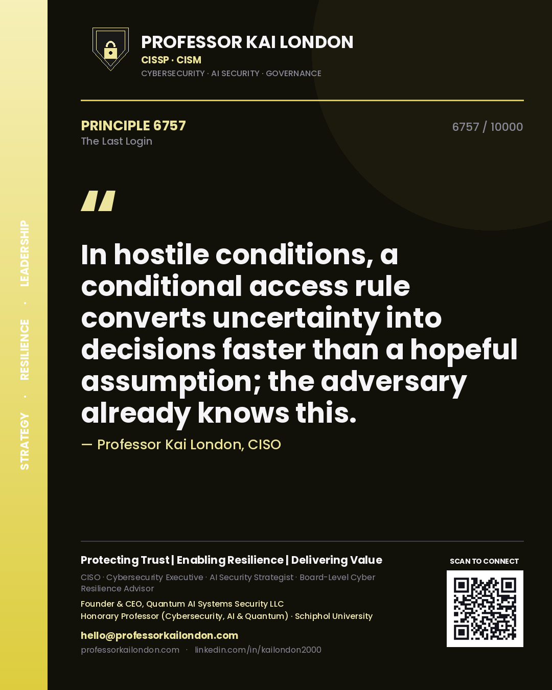 Professor Kai London principle 6757: In hostile conditions, a conditional access rule converts uncertainty into decisions faster than a hopeful assumption; the adversary already knows this.