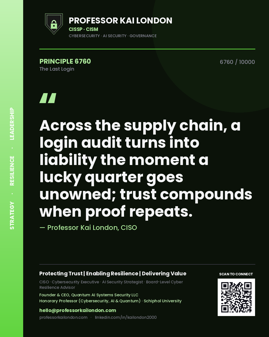 Quote card by Professor Kai London reading 'Across the supply chain, a login audit turns into liability the moment a lucky quarter goes unowned; trust compounds when proof repeats.'. From the book The Last Login.