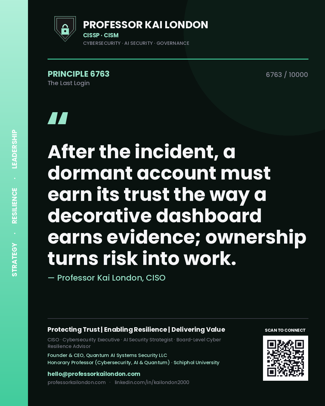 Professor Kai London principle 6763: After the incident, a dormant account must earn its trust the way a decorative dashboard earns evidence; ownership turns risk into work.