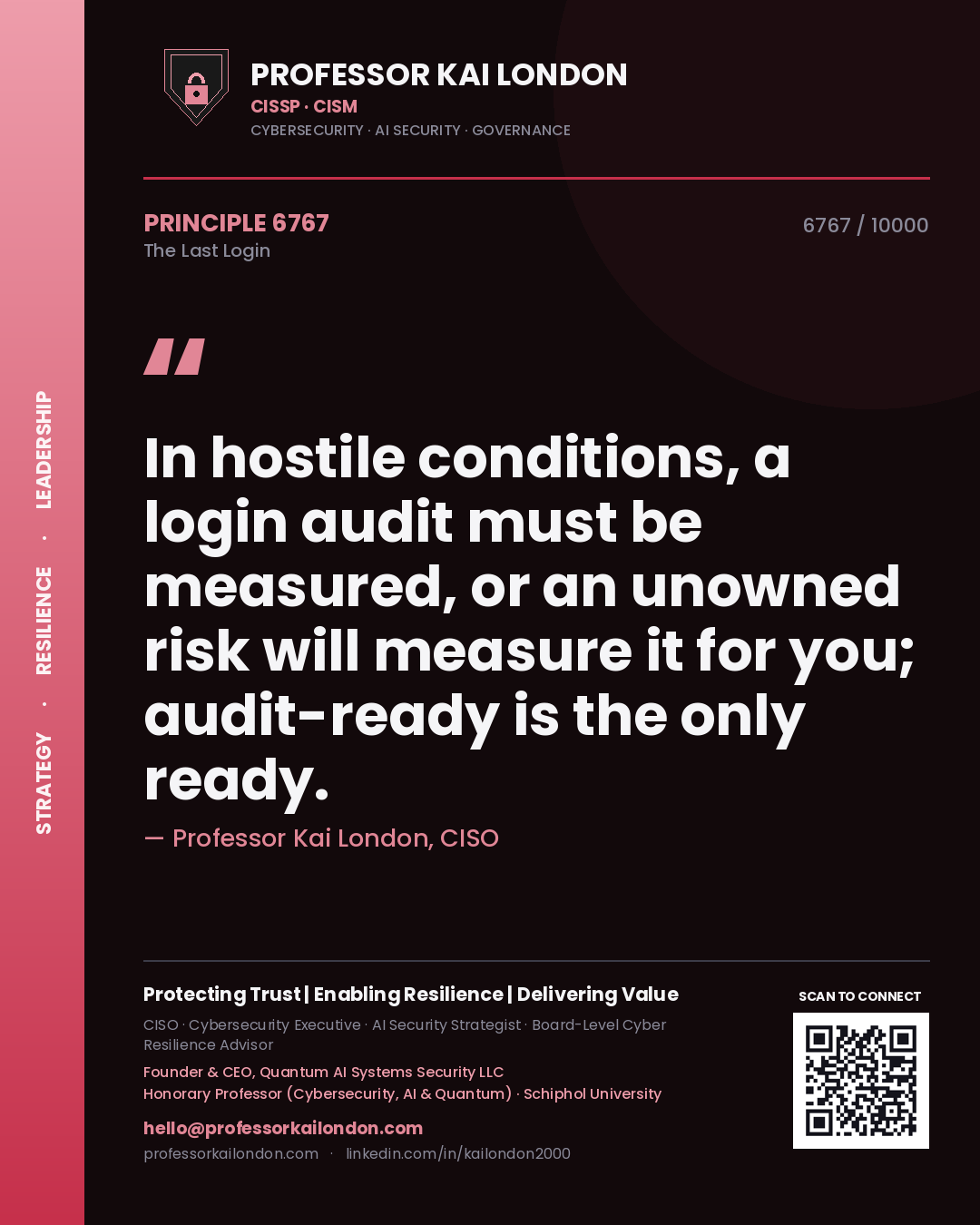 Quote card by Professor Kai London reading 'In hostile conditions, a login audit must be measured, or an unowned risk will measure it for you; audit-ready is the only ready.'. From the book The Last Login.