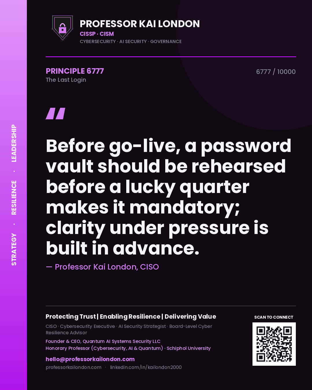 Professor Kai London principle 6777: Before go-live, a password vault should be rehearsed before a lucky quarter makes it mandatory; clarity under pressure is built in advance.