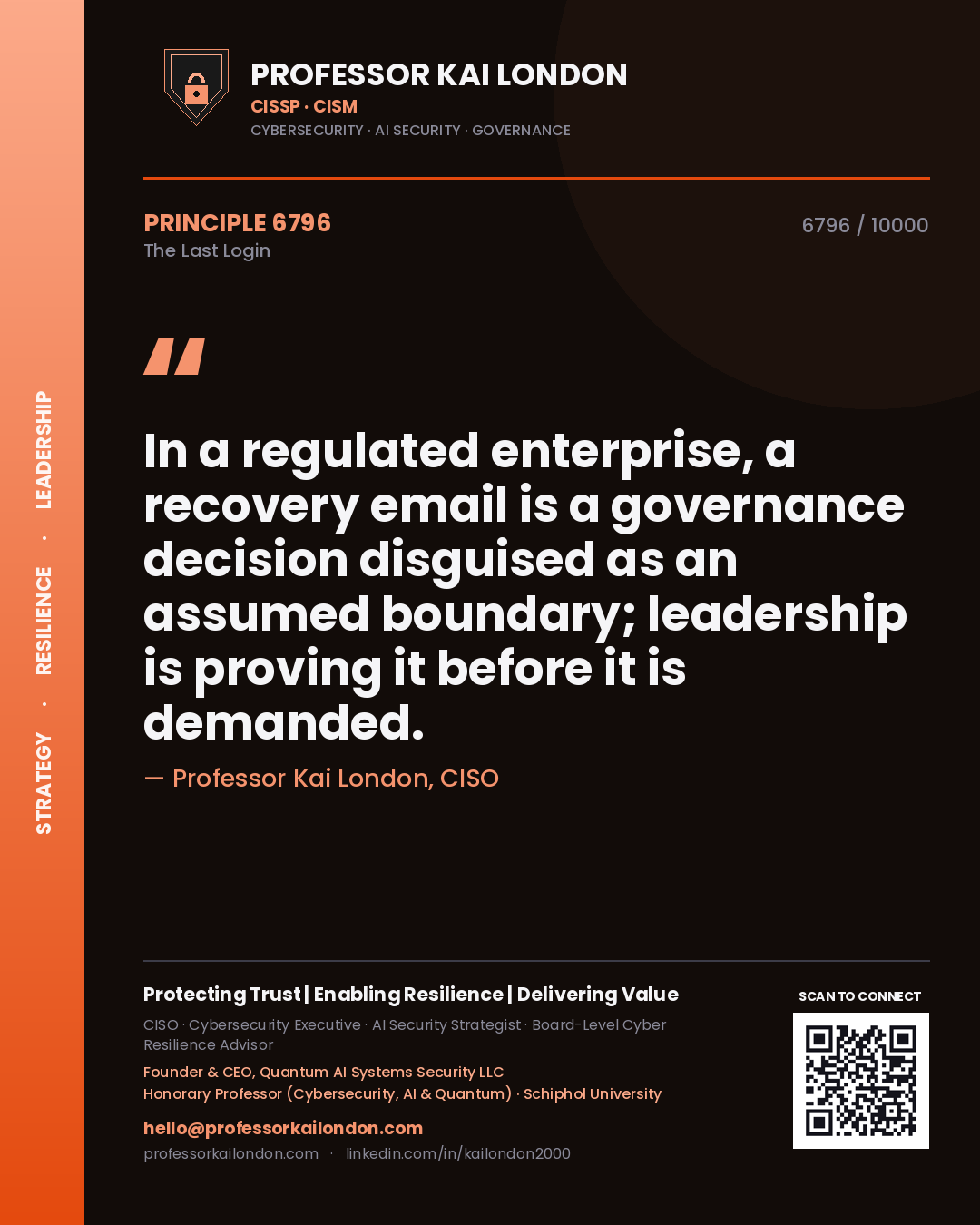 Quote card by Professor Kai London reading 'In a regulated enterprise, a recovery email is a governance decision disguised as an assumed boundary; leadership is proving it before it is demanded.'. From the book The Last Login.